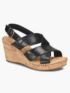 Born Alaina Platform Wedge Sandals Wome Size 8M Black Leather Buckle Shoes